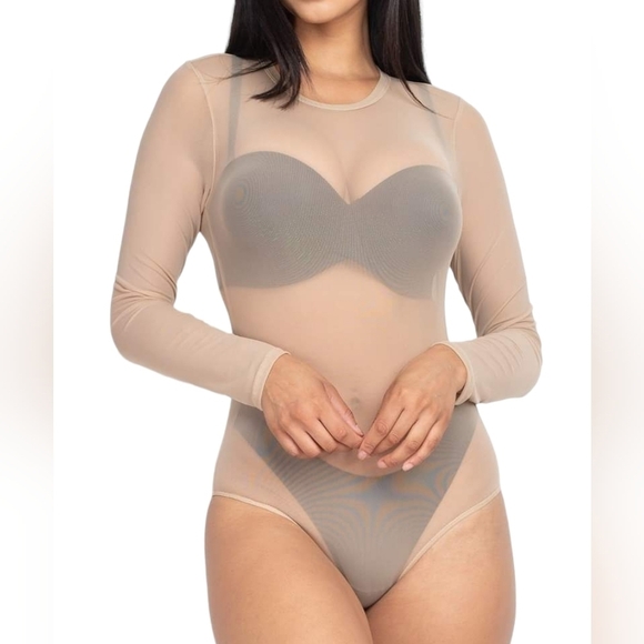 Women's Sheer Mesh Bodysuit Round Neck Long Sleeve Stretch Top - Picture 7 of 8